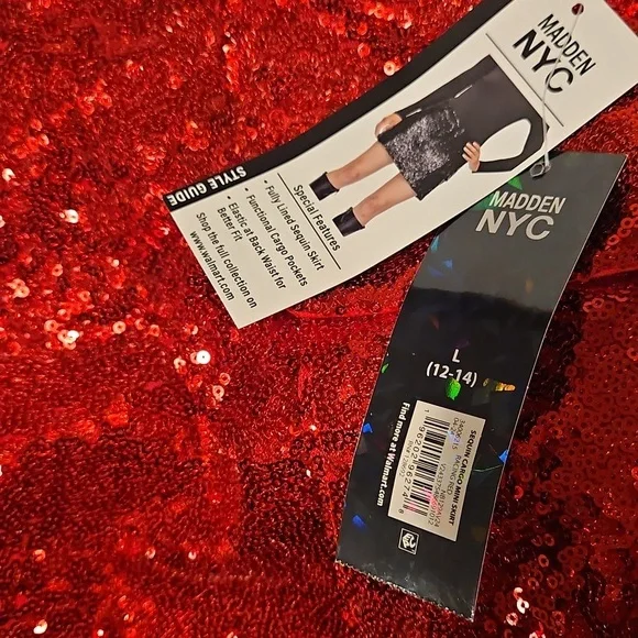 Madden NYC Sequin Red Mini Skirt W Pockets Sz. L - Picture 5 of 9